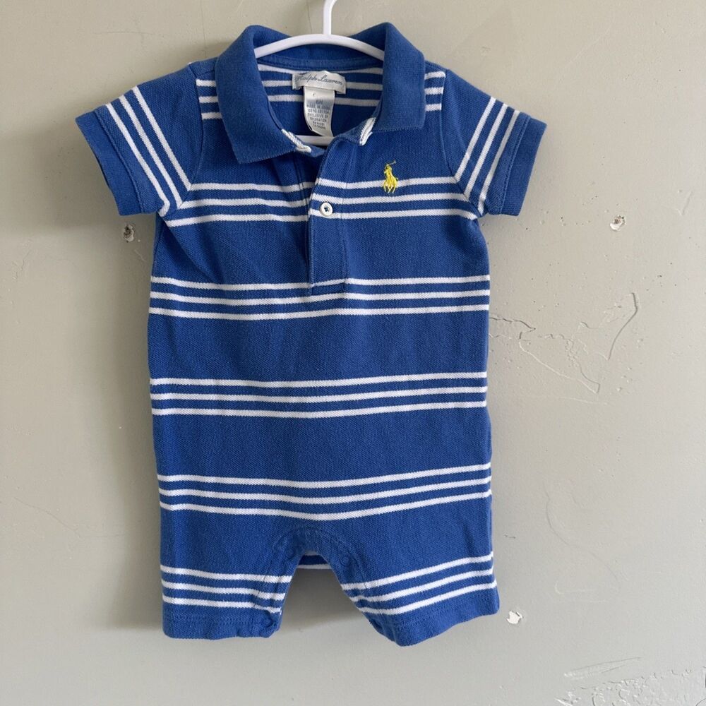 Ralph Lauren 6 Months Baby Romper Blue White Stripe Shorts Boys